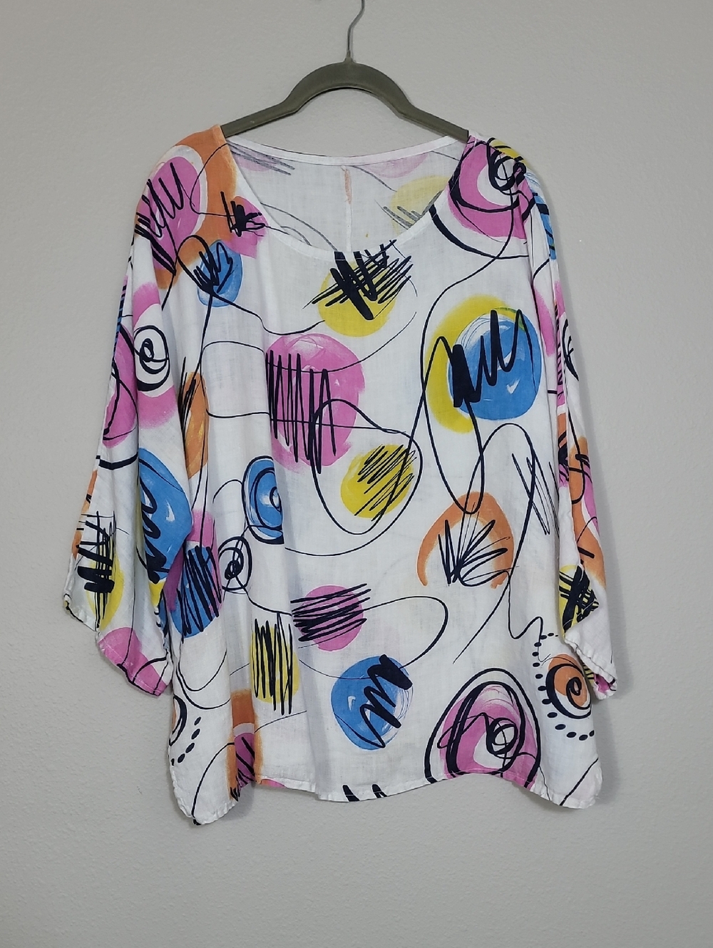 Vintage Made in Italy 100% Linen Wearable Art Tunic Top L XL Colorful Artsy